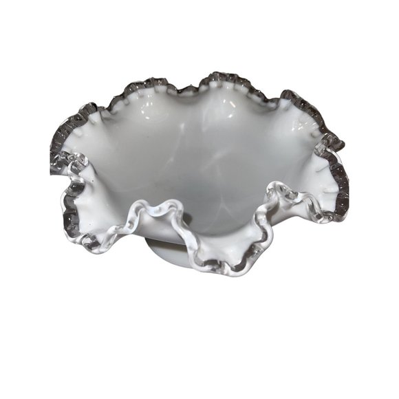 Fenton Silver Crest Milk Glass Bowl Dish 8”X4” Pedestaled Ruffled Vintage - Picture 5 of 6